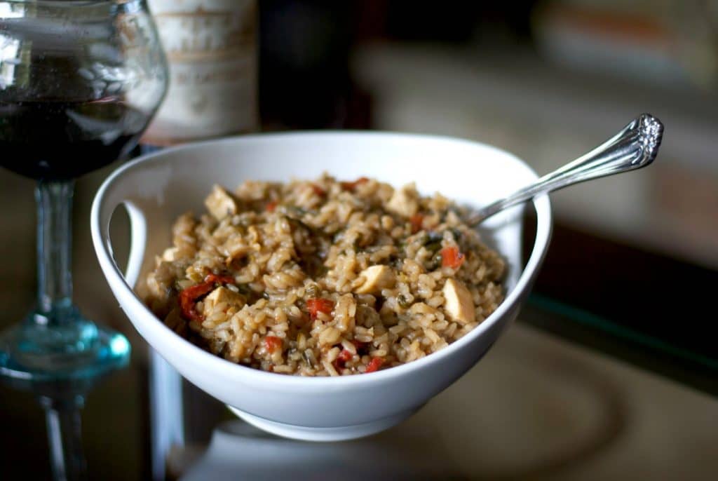 Balsamic Risotto with Grilled Chicken, Fresh Spinach & Sun Dried Tomatoes 