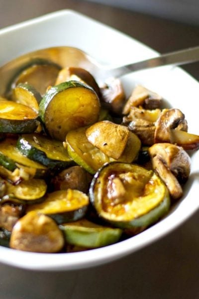 Fresh garden zucchini, mushrooms and garlic roasted with balsamic vinegar and extra virgin olive oil until golden brown.