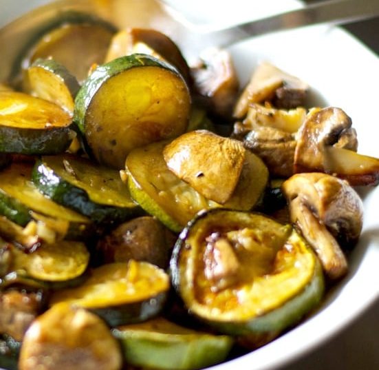 Fresh garden zucchini, mushrooms and garlic roasted with balsamic vinegar and extra virgin olive oil until golden brown.