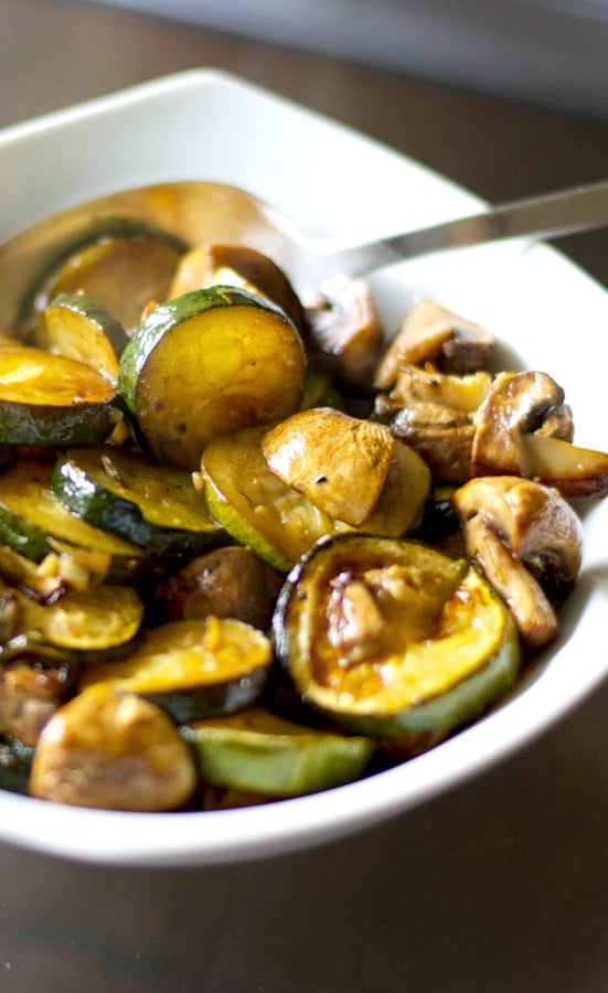 Fresh garden zucchini, mushrooms and garlic roasted with balsamic vinegar and extra virgin olive oil until golden brown.