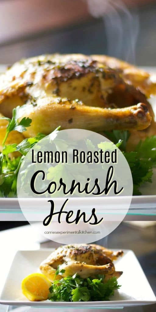 Cornish hens roasted with fresh squeezed lemon juice, garlic powder, Kosher salt and black pepper with a white wine pan gravy.