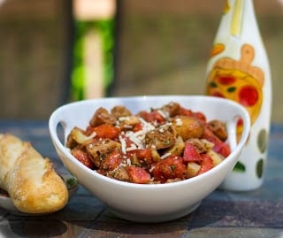 A bowl of fennel and tomato panzanella salad