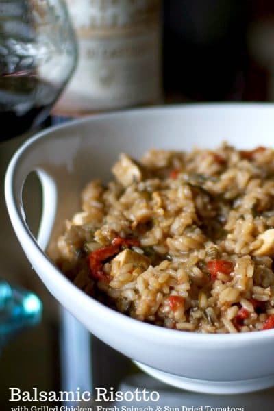 A close up of balsamic risotto with grilled chicken