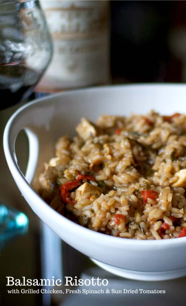 A close up of balsamic risotto with grilled chicken