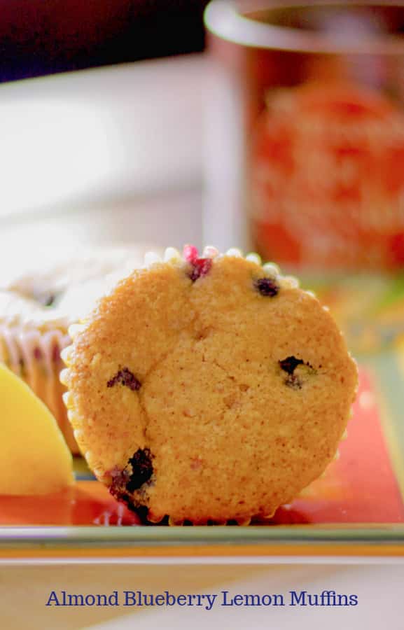 These muffins made with almond and bread flours, brown sugar, oil, blueberries and lemon are delicious and make a tasty breakfast.