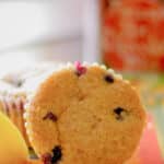 These muffins made with almond and bread flours, brown sugar, oil, blueberries and lemon are delicious and make a tasty breakfast.