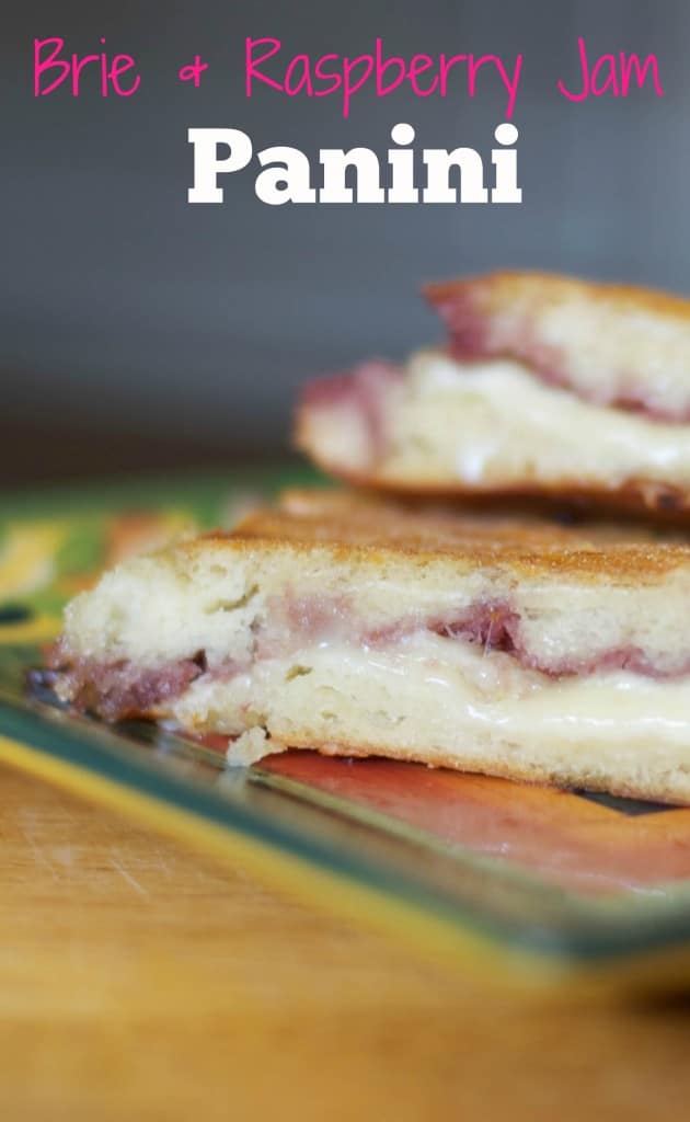 A close up of a brie and raspberry jam panini sandwich.