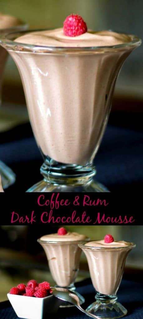 Coffee & Rum Dark Chocolate Mousse made with dark chocolate, fat free half and half, eggs and rum extract is decadently delicious. 