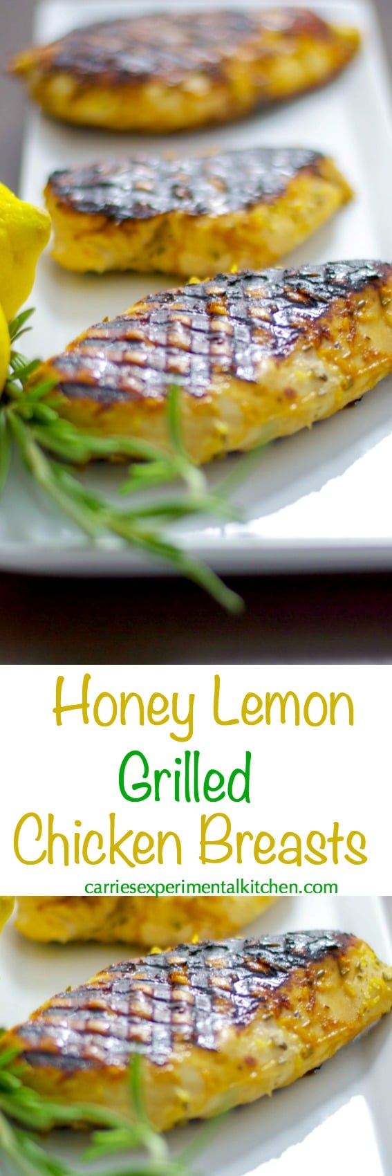 Boneless chicken breasts marinated in a combination of honey, lemon juice and rosemary; then grilled is a healthy, low fat delicious weeknight meal. #grilling #chicken #honey #lemon #lowfat #healthy