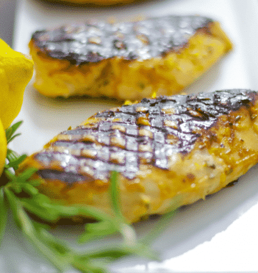 Boneless chicken breasts marinated in a combination of honey, lemon juice and rosemary; then grilled