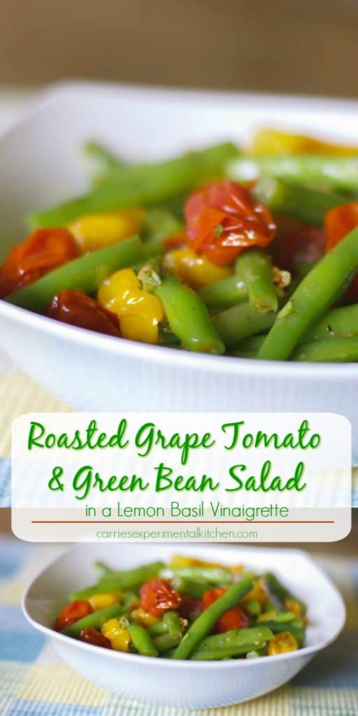 Roasted Grape Tomato and Green Bean Salad tossed with red and green tomatoes, leeks and garlic in a light Lemon Basil Vinaigrette. 