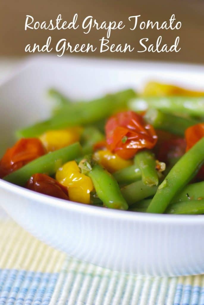 Roasted Grape Tomato and Green Bean Salad tossed with red and green tomatoes, leeks and garlic in a light Lemon Basil Vinaigrette. 