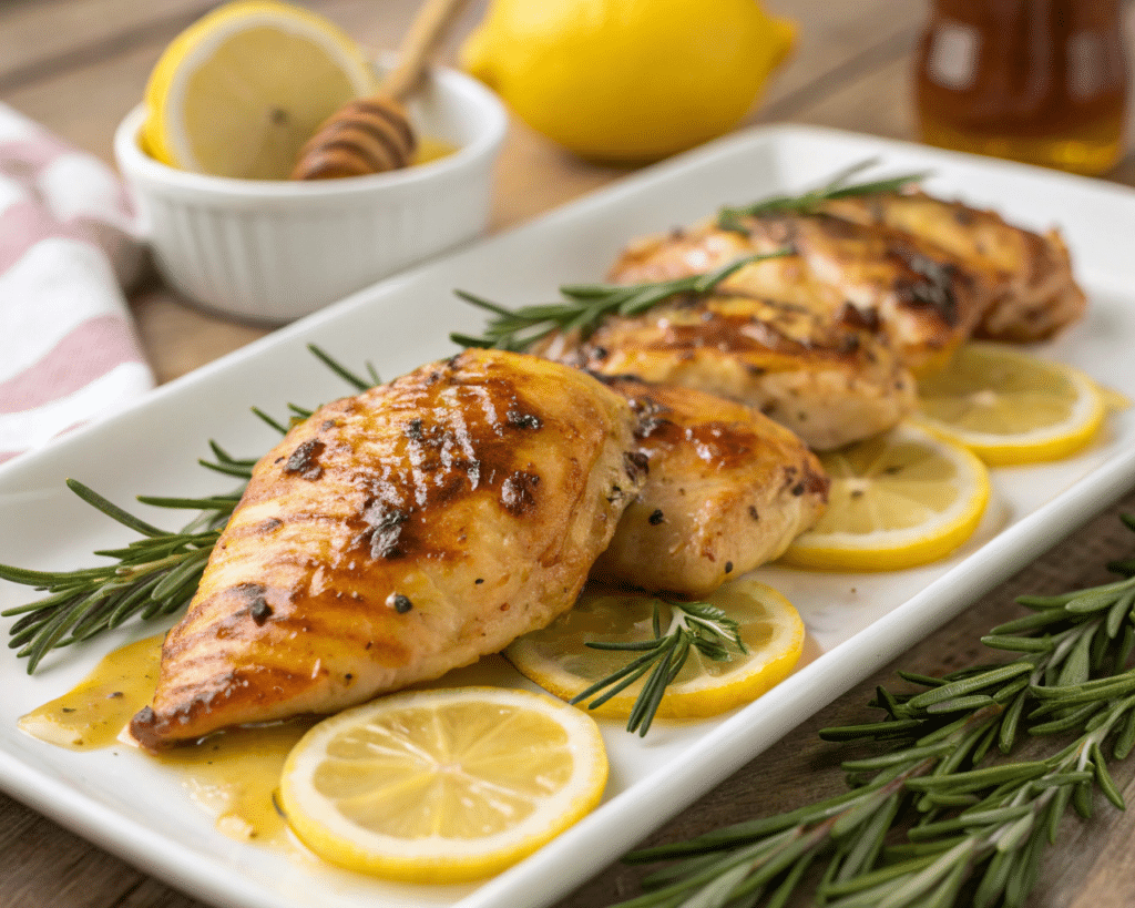 a close up of grilled chicken on a plate with lemon slices