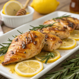a close up of grilled chicken on a plate with lemon slices