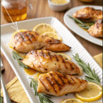 honey lemon grilled chicken on a white platter