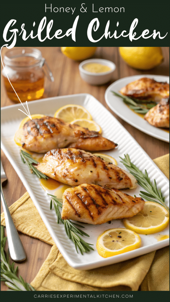 honey lemon grilled chicken on a white platter