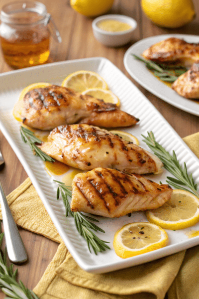 a white plate with honey lemon grilled chicken
