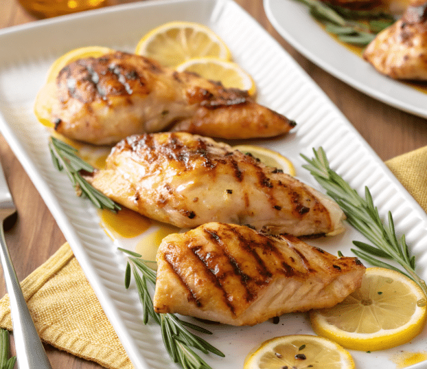 a white plate with honey lemon grilled chicken