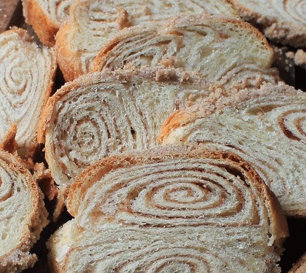 A close up of a piece of cinnamon bread