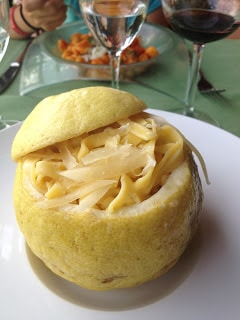 Pasta in a large lemon