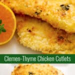 Boneless chicken cutlets dipped in a mixture of egg, clementine juice, and milk; then coated with thyme seasoned panko breadcrumbs. 