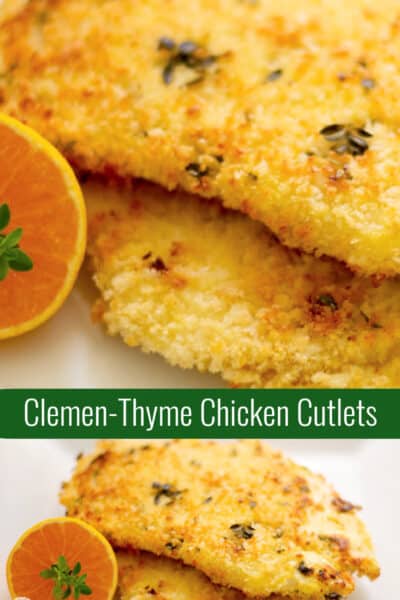 Boneless chicken cutlets dipped in a mixture of egg, clementine juice, and milk; then coated with thyme seasoned panko breadcrumbs. 