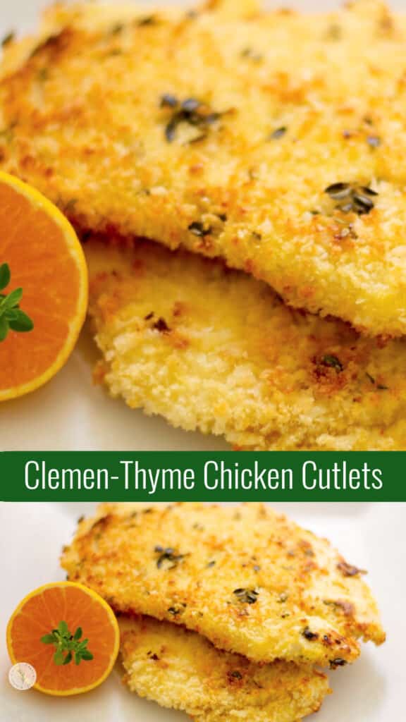 Boneless chicken cutlets dipped in a mixture of egg, clementine juice, and milk; then coated with thyme seasoned panko breadcrumbs. 