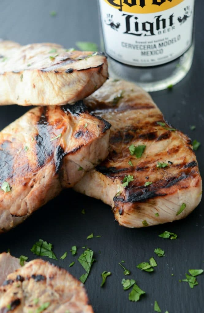 Center cut boneless pork chops marinated in a brine of Corona beer, fresh lime juice and cilantro; then grilled to perfection.