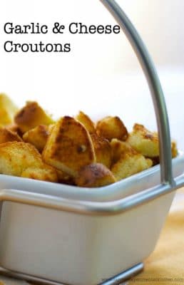 Garlic and Cheese Croutons in a white dish.