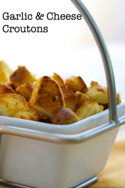 Garlic and Cheese Croutons in a white dish.