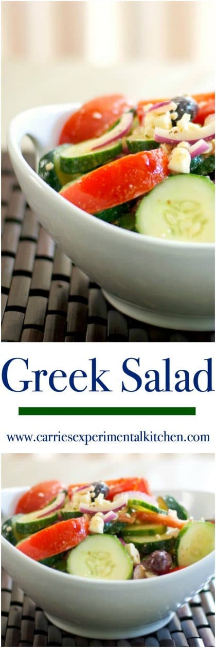 Fresh Jersey tomatoes, crisp English cucumbers, Kalamata olives, red onion and Feta cheese make this tasty iconic Greek Salad. #salad #salads #greek #cucumbers #tomatoes #feta