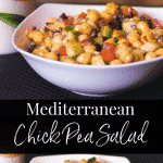 Mediterranean Chick Pea Salad made with capers, Kalamata olives, cucumbers, tomatoes and fresh basil in a balsamic vinaigrette. 