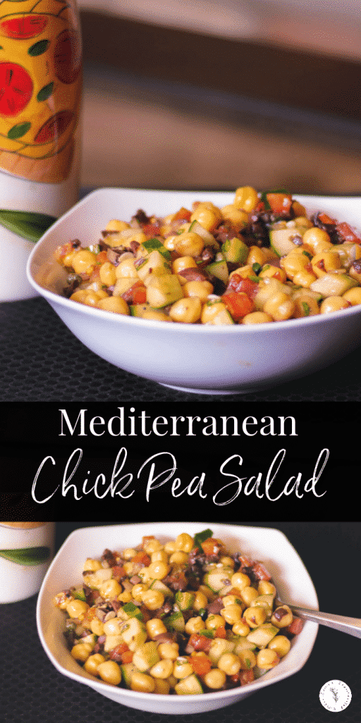 Mediterranean Chick Pea Salad made with capers, Kalamata olives, cucumbers, tomatoes and fresh basil in a balsamic vinaigrette. 