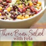 Kidney, black and garbanzo beans tossed with Feta cheese and a light, lemony Dijon vinaigrette make up this tasty Three Bean Salad with Feta. 