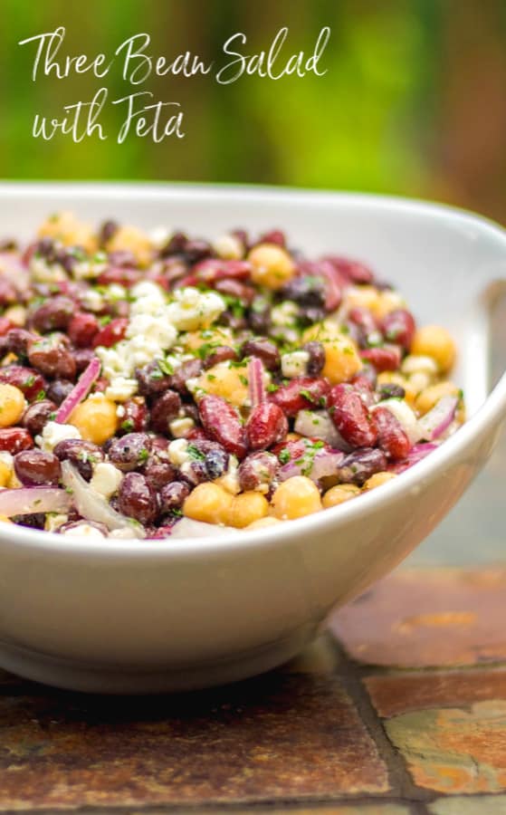 Kidney, black and garbanzo beans tossed with Feta cheese and a light, lemony Dijon vinaigrette make up this tasty Three Bean Salad with Feta. 