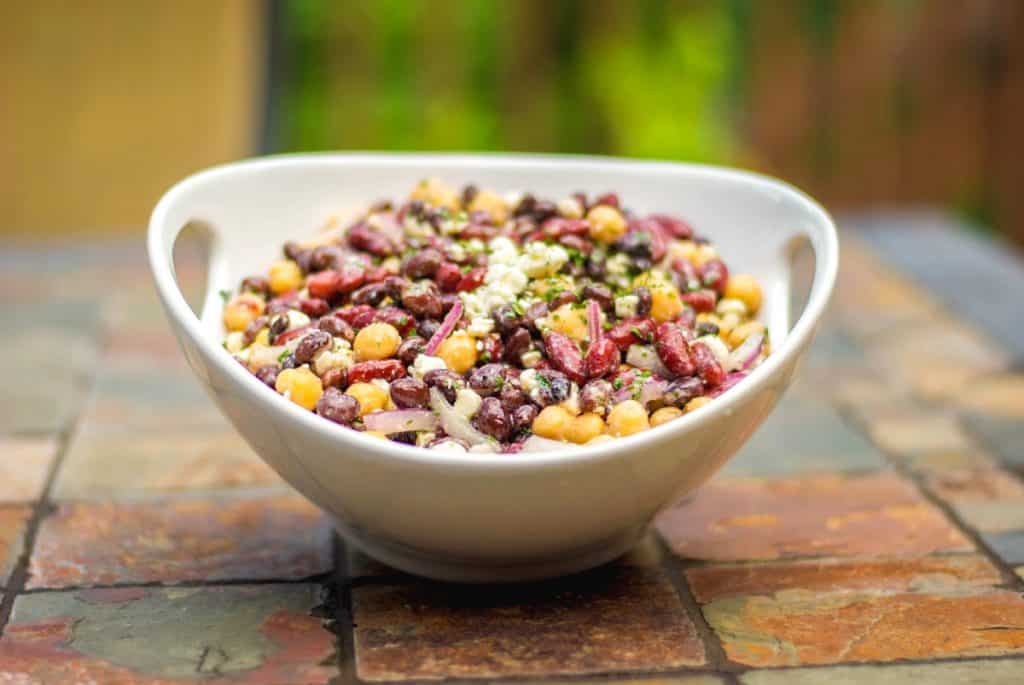 Three Bean Salad with Feta in Bowl