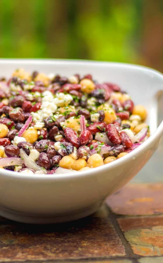 Kidney, black and garbanzo beans tossed with Feta cheese and a light, lemony Dijon vinaigrette make up this tasty Three Bean Salad with Feta. 