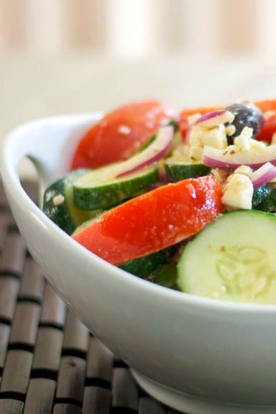 Fresh Jersey tomatoes, crisp English cucumbers, Kalamata olives, red onion and Feta cheese make this tasty iconic Greek Salad.