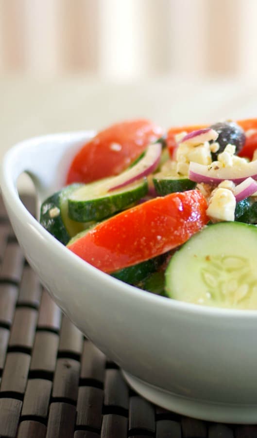  Fresh Jersey tomatoes, crisp English cucumbers, Kalamata olives, red onion and Feta cheese make this tasty iconic Greek Salad.