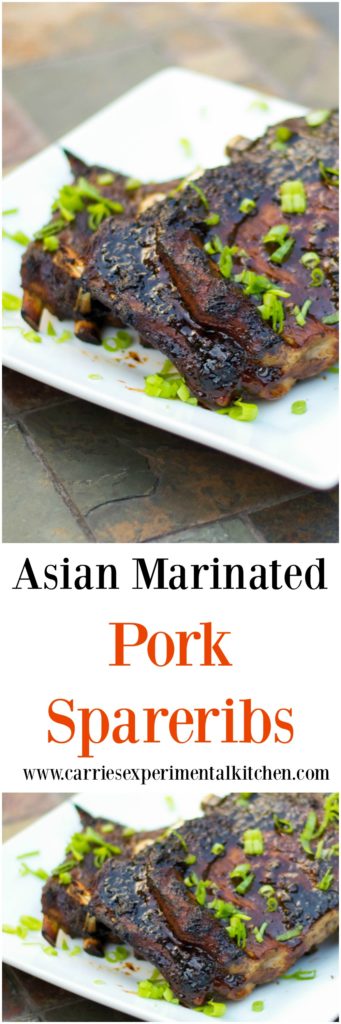 Pork spareribs slowly simmered until they're fall-off-the-bone tender; then brushed with an Asian Marinade and grilled to perfection. 