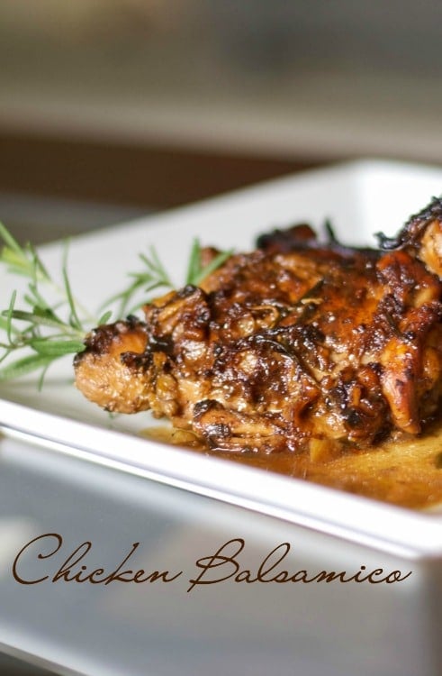Chicken Balsamico made with bone-in chicken thighs cooked in a balsamic white wine sauce with fresh chopped rosemary.