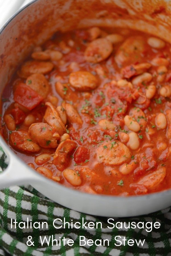 a pot of chicken sausage and beans