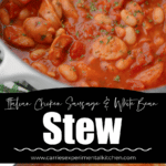 collage photo of chicken sausage, tomato and white bean stew.