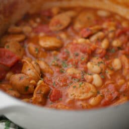 a close up of chicken sausage stew