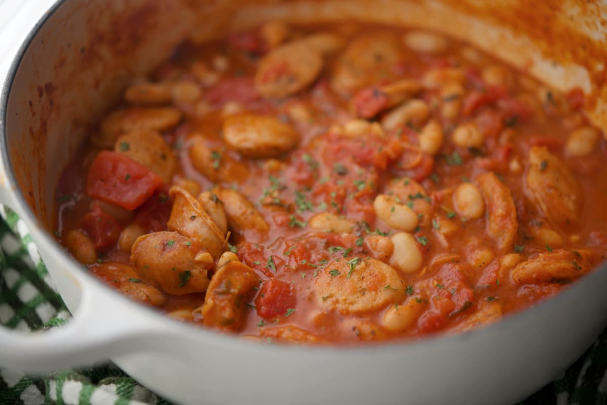 a close up of chicken sausage stew