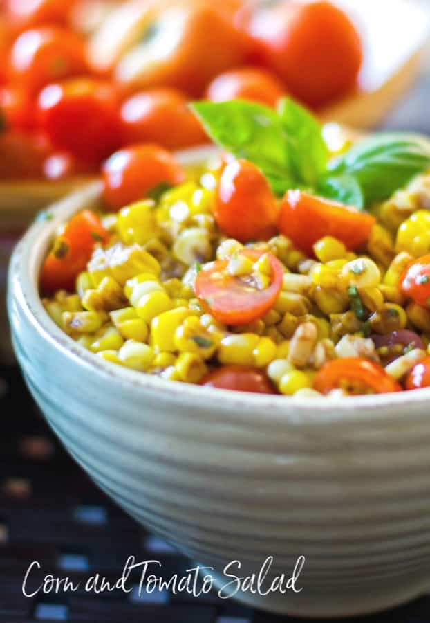 Corn and Tomato Salad made with fresh corn on the cob and garden cherry tomatoes tossed with aged balsamic vinegar and extra virgin olive oil.