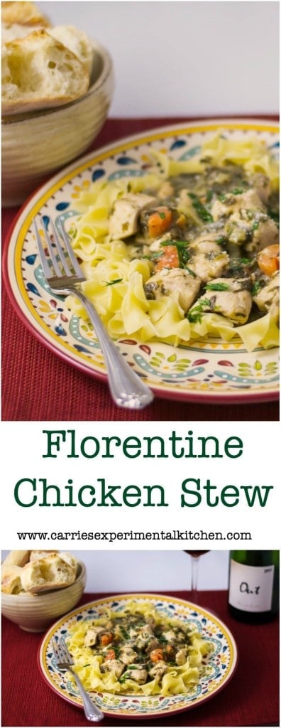 Florentine Chicken Stew made with boneless chicken breasts, celery, carrots and onions, spinach, white wine, chicken broth, Dijon mustard and cannellini beans. 