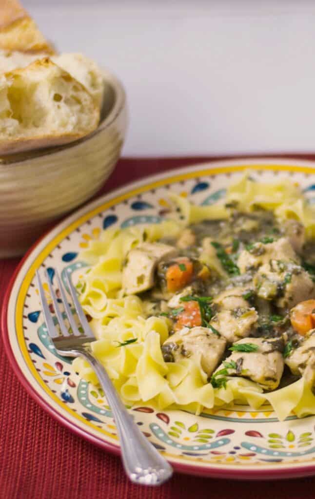 Florentine Chicken Stew over egg noodles