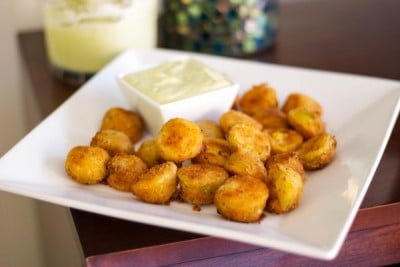 Fried Green Cherry Tomatoes with Avocado Ranch Dipping Sauce - Carrie's Experimental Kitchen