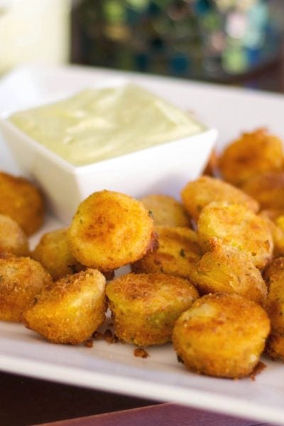 Fried Green Cherry Tomatoes served with an Avocado Ranch Dipping Sauce